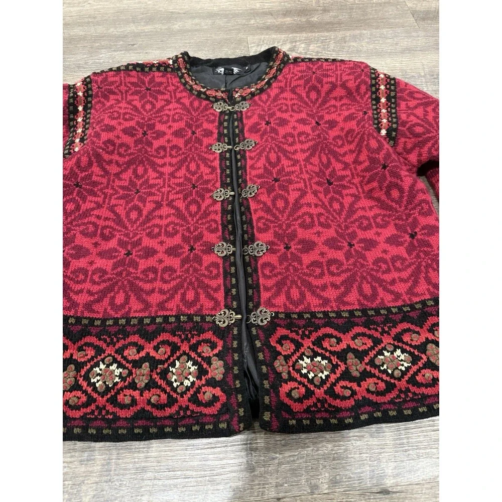 Icelandic Design Knit Cardigan Sweater Wool Red‎ Nordic cheongsam Size M VTG